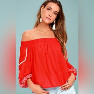 Lulu’s Off The Shoulder Red Embroidered Top
